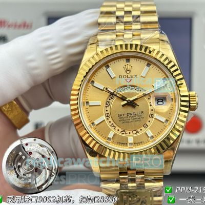 PPM Clone Gain Weight Rolex Sky-Dweller Swiss 9002 Yellow Gold Jubilee Watch 